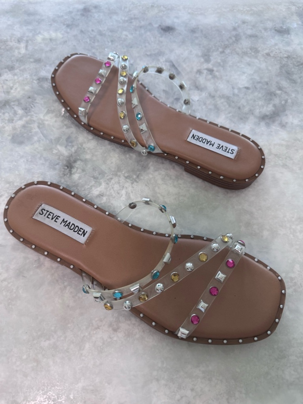 Steve Madden Tan Slide Sandals Womens Size 8 Gem Strap Multicolor Summer Chic